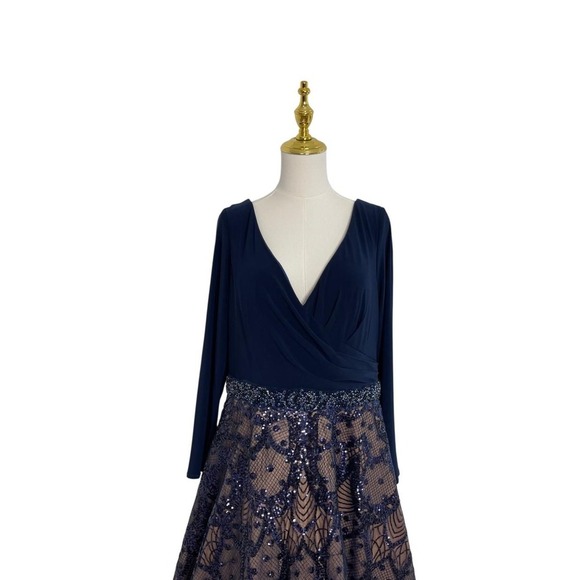 Mac Duggal 67241 Midnight Blue Long Sleeve Sequins Gown Size 14W $698 - Picture 2 of 9
